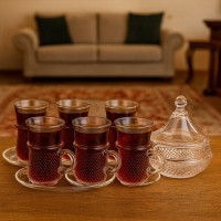 طقم 6استكانة شاي محفر سادة + سكرية 